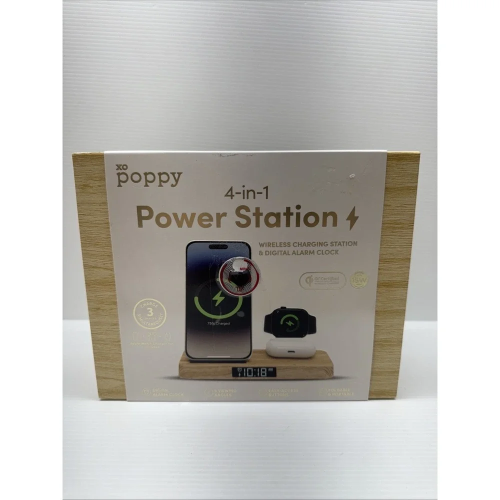 Xo Poppy 4-in-1 Power Charging Station Wireless & Digital Alarm Clock New In Box